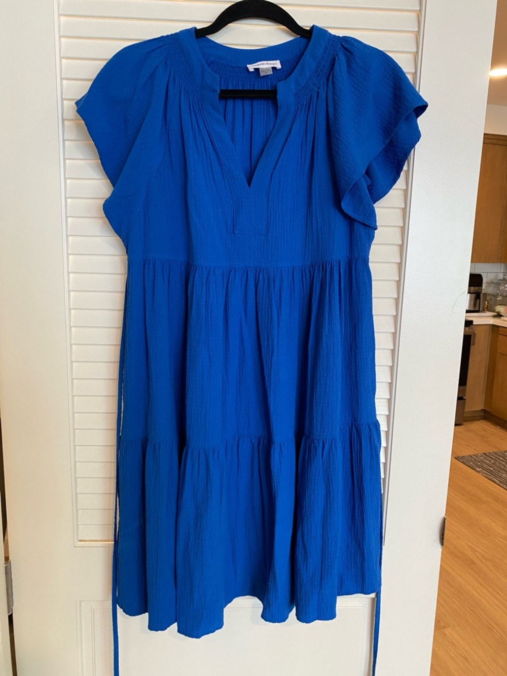 Calvin Klein Cobalt Blue Tiered Midi Dress with Flutter Sleeves